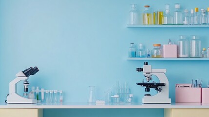 Poster - Medical research bench filled with diagnostic tools like a microscope pipettes and sterilized glassware Stock Photo with side copy space