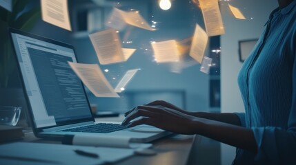 Poster - Woman Typing on Laptop with Digital Papers