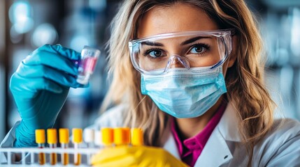 Poster - Scientific research tools like microcentrifuge tubes test tube racks and safety goggles prepared on a sterile surface Stock Photo with side copy space