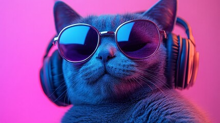 Poster - Feline sporting a backwards cap and oversized headphones ready to drop some beats on a fun background Stock Photo with side copy space