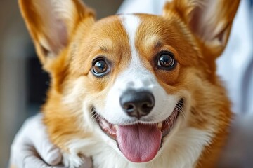 Pretty pembroke welsh corgi dog at the veterinarian, professionals vet with gloves checking the health of cute pet at the vet clinic, Generative AI