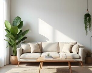 Poster - Scandinavian style features beige furniture with a white living room set against lush greenery from a houseplant.