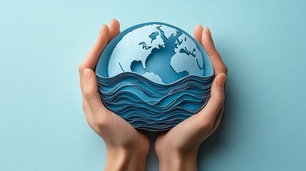 Poster - Paper cut design showing Earth floating on a blue ocean with hands gently holding it symbolizing World Water Day and the need for environmental conservation and water preservation