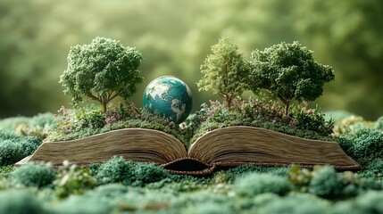 Poster - Peaceful 3D illustration for World Book Day featuring a gently opened book with a small globe and abstract trees all set against a soft green background evoking themes of nature and knowledge