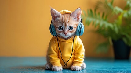 Poster - Kitten dressed in a hoodie with headphones around its neck posing in a hip hop style on a colorful background Stock Photo with side copy space
