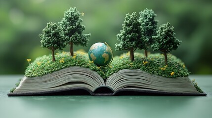 Poster - Peaceful 3D illustration for World Book Day featuring a gently opened book with a small globe and abstract trees all set against a soft green background evoking themes of nature and knowledge
