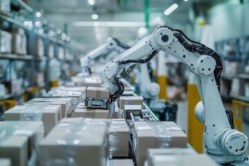 robotic arms sorting packages in a futuristic warehouse, automation in logistics