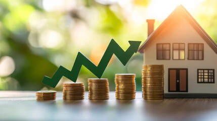Leinwandbilder - A small house model sits beside stacked coins, showcasing a growing trend represented by a green growth chart.