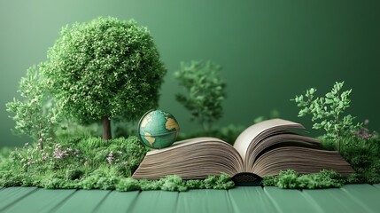 Poster - Peaceful 3D illustration for World Book Day featuring a gently opened book with a small globe and abstract trees all set against a soft green background evoking themes of nature and knowledge