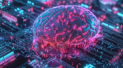 Poster - Digital Brain with Circuitry in Vibrant Colors