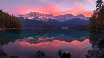 Wall Mural - Tranquil scene of calm lake at sunrise with vibrant colors mirrored in the water, showcasing the beauty of the . Serene alpine landscape. Nature