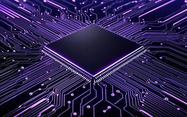 Close-up of a microchip on a circuit board with vibrant purple lighting.