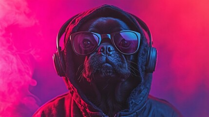 Poster - Puppy dressed in a hoodie with headphones around its neck posing in a hip hop style on a colorful background Stock Photo with side copy space