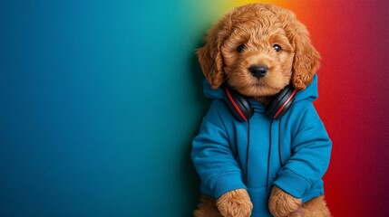 Poster - Puppy dressed in a hoodie with headphones around its neck posing in a hip hop style on a colorful background Stock Photo with side copy space