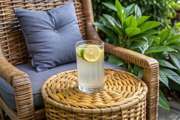 Wall Mural - A cozy patio chair with a refreshing lemon drink on a wicker table.