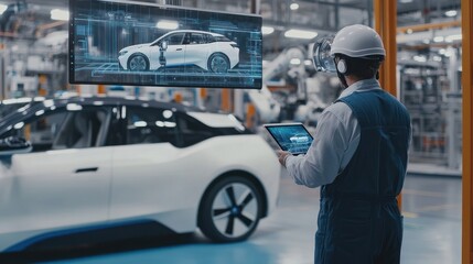 Poster - Car Factory Worker with Digital Technology