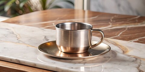 Sticker - A polished metal cup on a marble table in natural light.