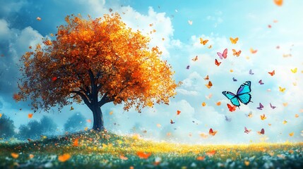 Poster - Peaceful scene with a large tree its leaves transforming into colorful butterflies that drift gently to the ground Designed for a World Mental Health Day banner representing hope and renewal