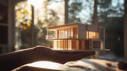 Poster - A person gently holds a detailed architectural model of a modern home during sunset. The warm light highlights the design features of the structure against a serene background of trees.