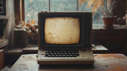 a vintage crt computer sits on a dusty table in a forgotten room, its screen displaying a blank, sta