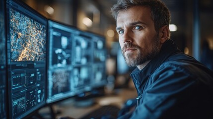 A man in a dark shirt sits at a desk with two monitors displaying data looking intently at the camera.