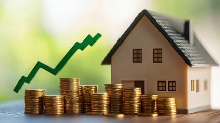 Aufkleber - A model house sits next to stacks of gold coins, while a green upward arrow signifies increasing value in real estate investments. This captures the essence of financial progress in property markets.