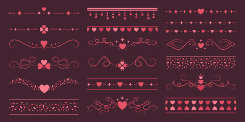Poster - Vintage elegant dividers with hearts and stars, Valentine Day decorations, frames, stickers and ornament set. Vector red and pink design elements.