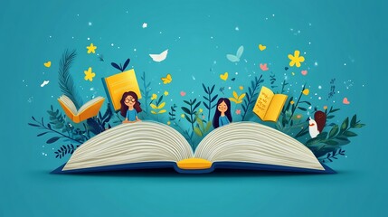 Poster - Playful flat design cartoon illustration celebrating World Book Day showcasing an open book with animated stories and cheerful illustrations emerging from its pages inviting creativity and joy