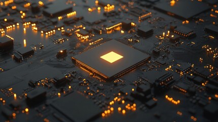 Poster - Closeup of a Circuit Board with a Glowing Chip