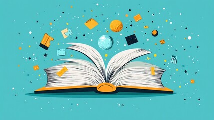Poster - Playful flat design cartoon illustration celebrating World Book Day showcasing an open book with animated stories and cheerful illustrations emerging from its pages inviting creativity and joy