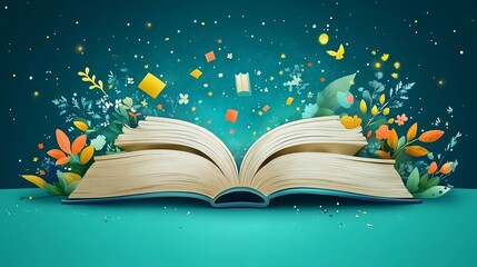 Poster - Playful flat design cartoon illustration celebrating World Book Day showcasing an open book with animated stories and cheerful illustrations emerging from its pages inviting creativity and joy