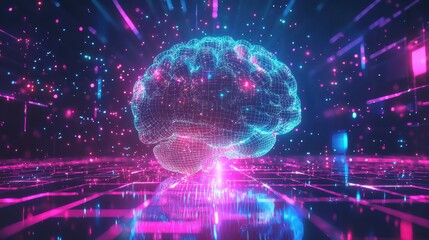 Poster - Rotating Digital Brain in Neon Colors