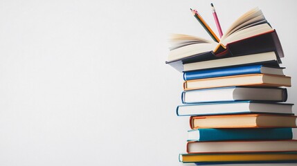 Aufkleber - Top view of a stack of books with an open notebook and pencils ready for note-taking on a clean simple backdrop Stock Photo with side copy space