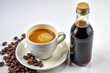 A steaming cup of espresso paired with a bottle of syrup.