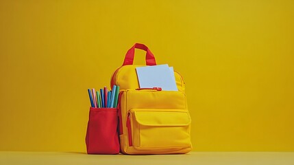 Poster - A bright backpack with school essentials like markers paper and a lunchbox spilling out onto a soft colored surface Stock Photo with side copy space