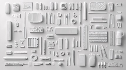 Poster - Various stationery items including staplers highlighters and binders arranged artistically on a monochromatic background Stock Photo with side copy space