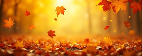 Wall Mural - Autumn leaves fall in a colorful background banner with golden hues and intricate patterns.