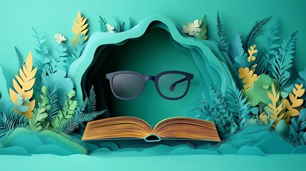 Poster - Playful flat design illustration in paper cut style showcasing whimsical elements like books and reading glasses for World Book Day with ample copy space to highlight educational themes