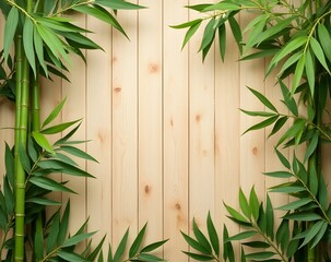 Aufkleber - Bamboo leaves placed artfully around a wooden backdrop create visually appealing compositions with ample negative space for emphasis.