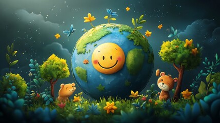Poster - Quirky retro cartoon planet with a smiling face surrounded by playful trees and cheerful animals celebrating Earth Day and World Environment Day in a vibrant vintage style