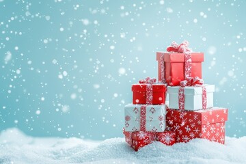 festive gift boxes stacked in the snow during a serene winter snowfall