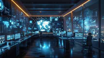 Poster - Futuristic Control Room with Digital Interfaces