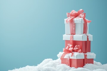 Festive red and white wrapped gifts adorned with bows on a snow-covered surface against a light blue background during the holiday season