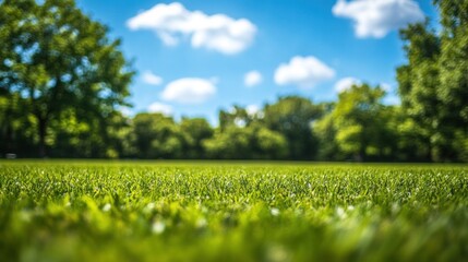 Wall Mural - Blurred spring nature background with lawn, trees, and blue sky on sunny day.