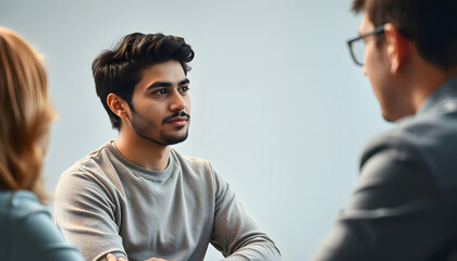 Young Middle Eastern man listens to therapist during group therapy session isolated with white highlights, png