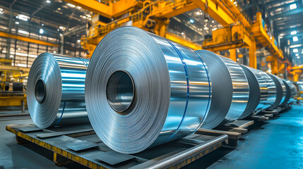 Large rolls of aluminum steel in a factory setting, showcasing industrial strength and precision. postcard, design