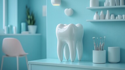 Poster - Realistic dental model paired with essential dental equipment on a light blue background promoting dental hygiene Crisp and modern layout with space for informative text or branding