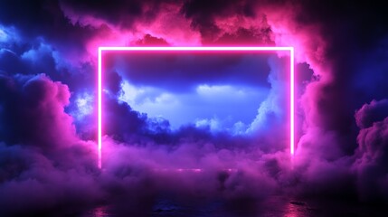 Poster - A glowing neon pink square in a dark, smoky background with pink and blue clouds.