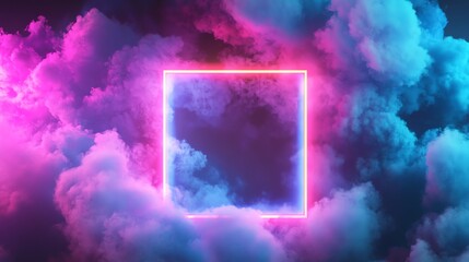 Poster - Neon light frame in pink and blue clouds.
