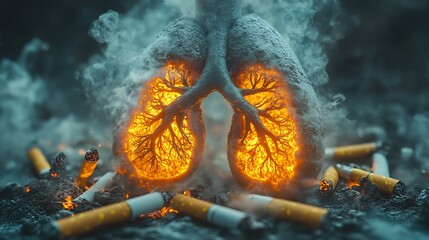 Poster - Realistic depiction of lungs filled smoke surrounded broken cigarettes The image shows a powerful contrast between clean air and smoking hazards emphasizing health awareness for World No Tobacco Day